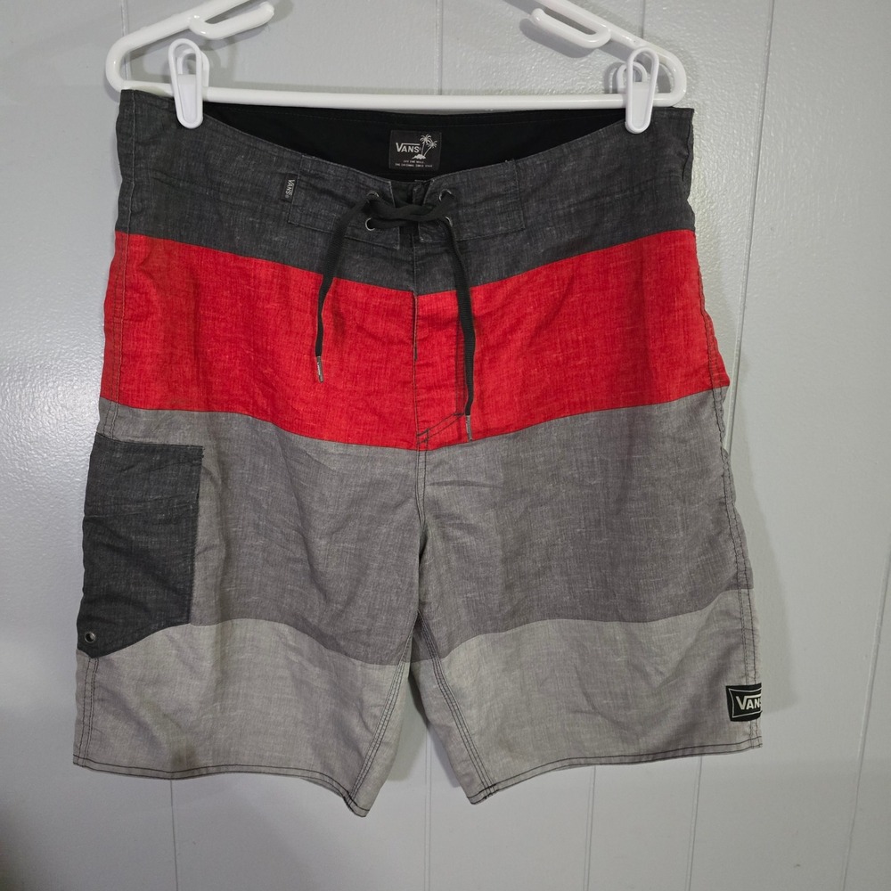 Vans Board Shorts Mens 34 Red Grey Black Striped‎ Surf Swim Trunks Side Pocket